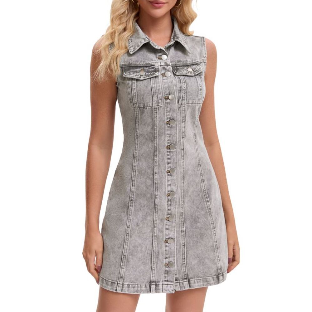 Women Denim Dress Sleeveless Collared Western Short Jean Dress Grey